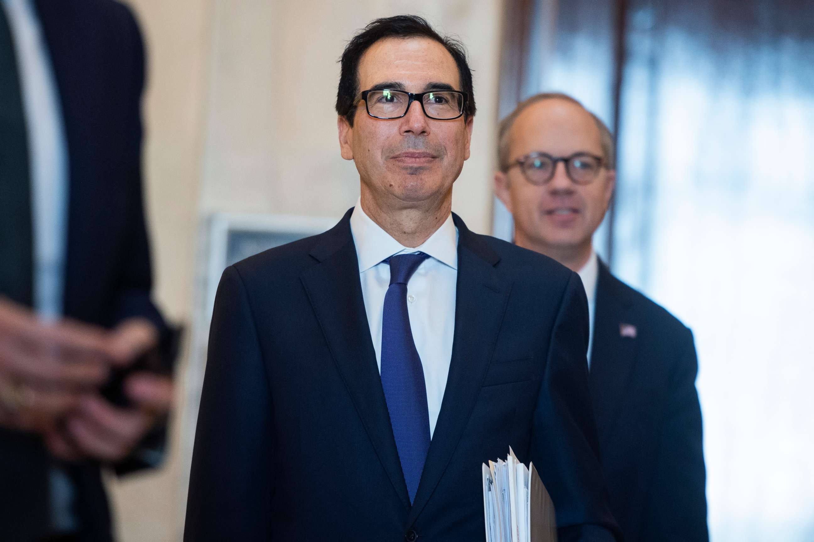 PHOTO: Treasury Secretary Steven Mnuchin prepares to deliver remarks on the coronavirus relief package after the Senate Republican Policy luncheon in Russell Building on March 17, 2020.