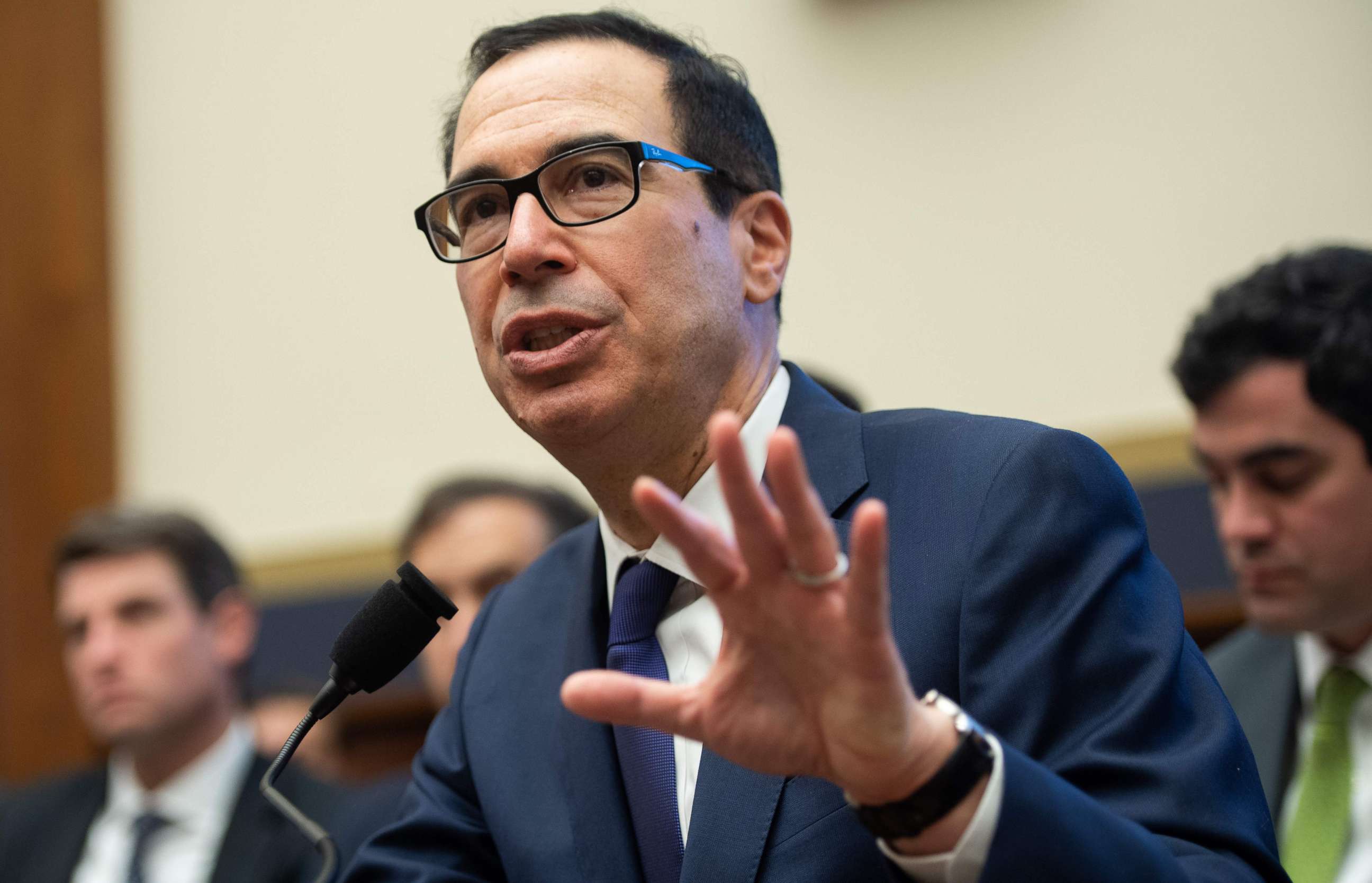 PHOTO: In this file photo taken on May 22, 2019, U.S. Secretary of the Treasury Steven Mnuchin testifies during a House Committee on Financial Services hearing on Capitol Hill in Washington, D.C.