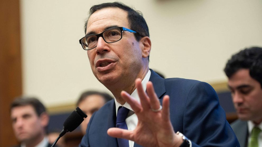 PHOTO: In this file photo taken on May 22, 2019, U.S. Secretary of the Treasury Steven Mnuchin testifies during a House Committee on Financial Services hearing on Capitol Hill in Washington, D.C.