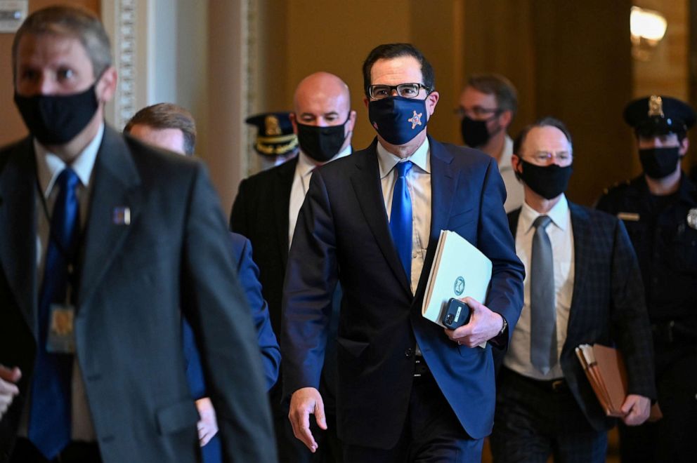 PHOTO: Treasury Secretary Steve Mnuchin walks though the U.S. Capitol in Washington, Sept. 30, 2020.