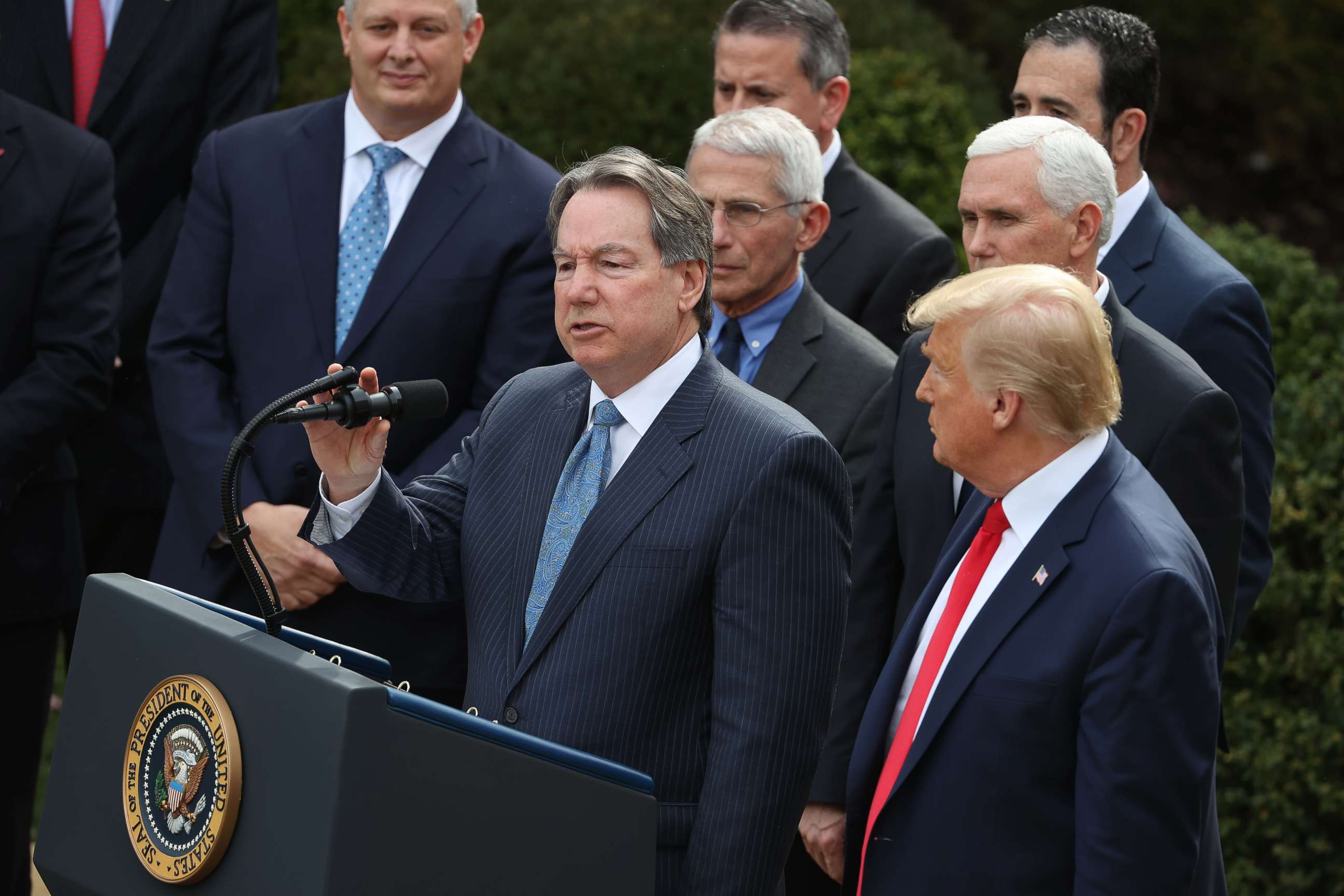 PHOTO: Quest Diagnostics CEO Steve Rusckowski delivers remarks during a news conference where President Donald Trump announced a national emergency in reaction to the ongoing coronavirus pandemic at the White House March 13, 2020 in Washington, D.C.