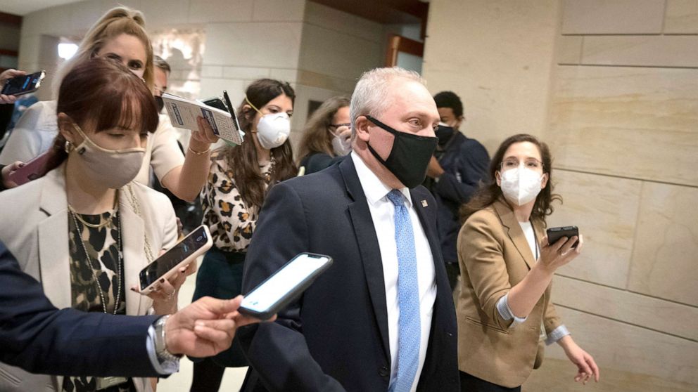 PHOTO: Rep. Steve Scalise arrives to a House GOP caucus meeting at the U.S. Capitol on Feb. 3, 2021 in Washington, D.C. Democrats announced plans to hold a House vote Thursday on removing Rep. Marjorie Taylor Greene from her committee assignments. 