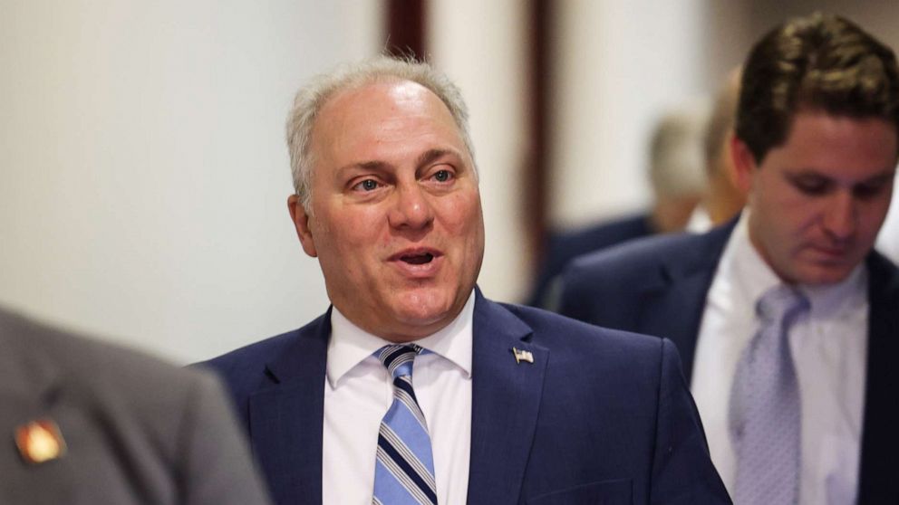 PHOTO: House Republican Whip Rep. Steve Scalise speaks with reporters as he arrives to a caucus meeting with House Republicans on Capitol Hill on July 20, 2021, in Washington.