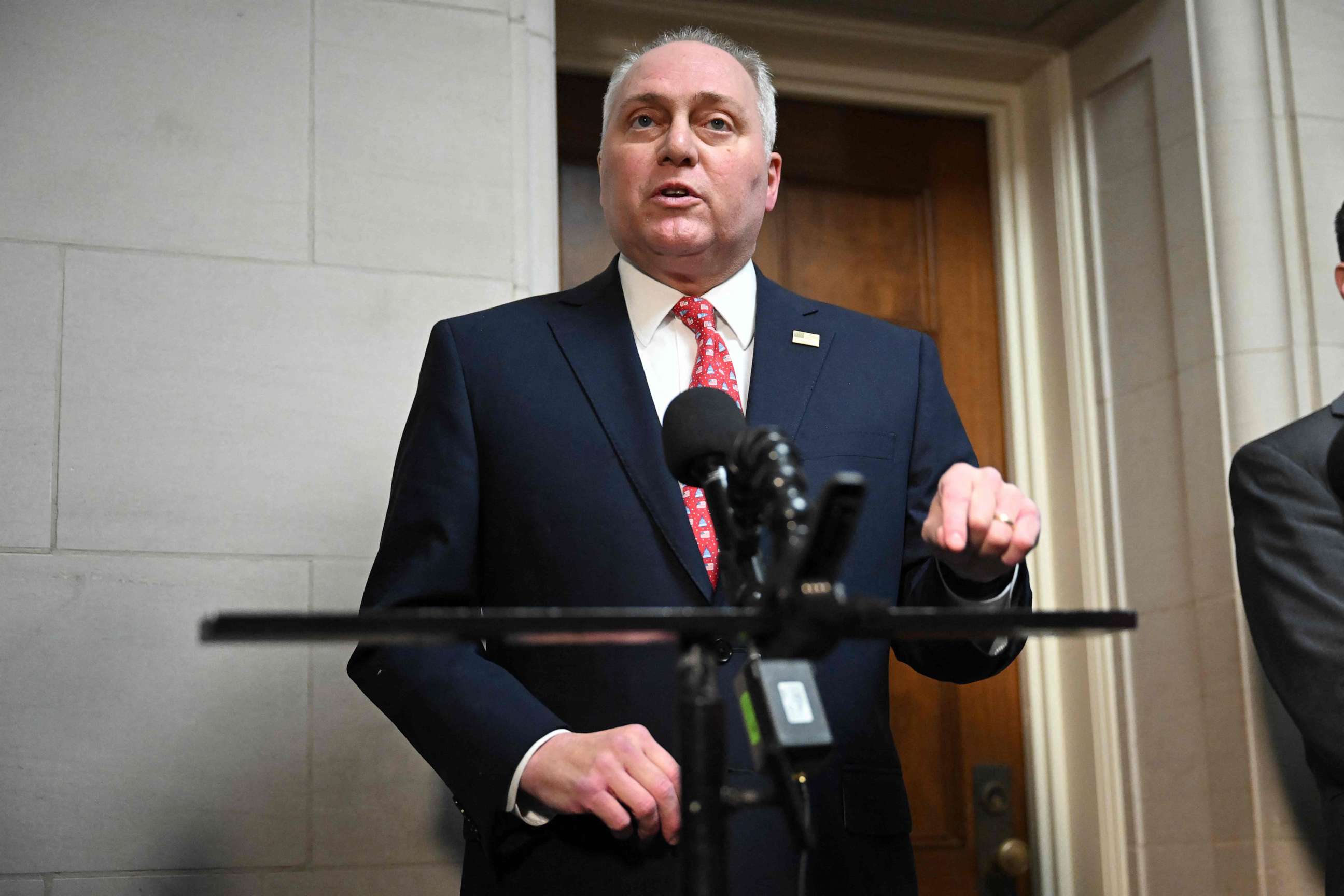 House Majority Leader Steve Scalise speaks to reporters outside a candidate forum with House Republicans to hear from members running for speaker in the Longworth House Office Building on Capitol Hill in Washington, DC, on October 10, 2023