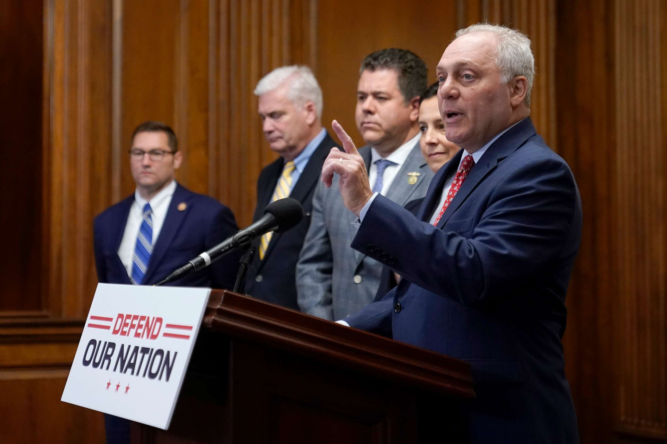 PHOTO: House Majority Leader Steve Scalise speaks during a news conference after the House approved an annual defense bill, July 14, 2023, on Capitol Hill in Washington.