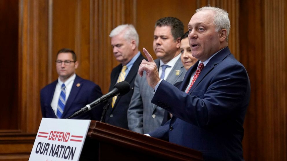 PHOTO: House Majority Leader Steve Scalise speaks during a news conference after the House approved an annual defense bill, July 14, 2023, on Capitol Hill in Washington.