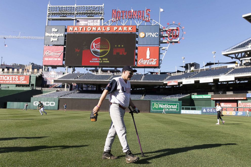 PHOTO: House of Representatives Majority Whip Steve Scalise walks off the field after warming up prior to the Congressional Baseball Game, June 14, 2018, in Washington, DC.