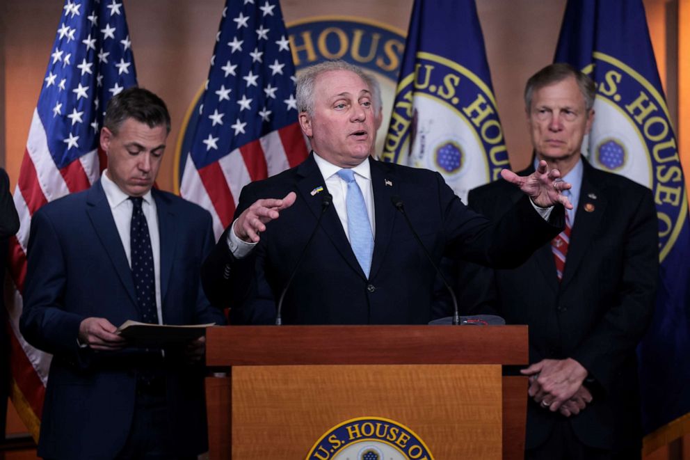 PHOTO: House Minority Whip Steve Scalise speaks at a House Republican news conference on energy policy at the U.S. Capitol, March 8, 2022 in Washington, DC.