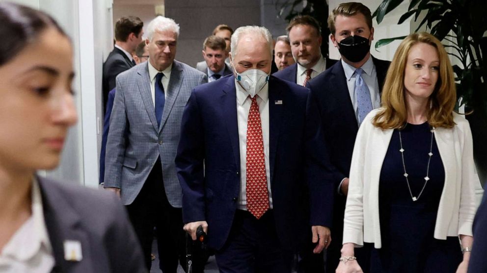 PHOTO:House Majority Leader Steve Scalise arrives for a House Republican party conference after Speaker of the House Kevin McCarthy was ousted from the position of Speaker by a House vote of 216-210, at the U.S. Capitol in Washington, Oct. 3, 2023.