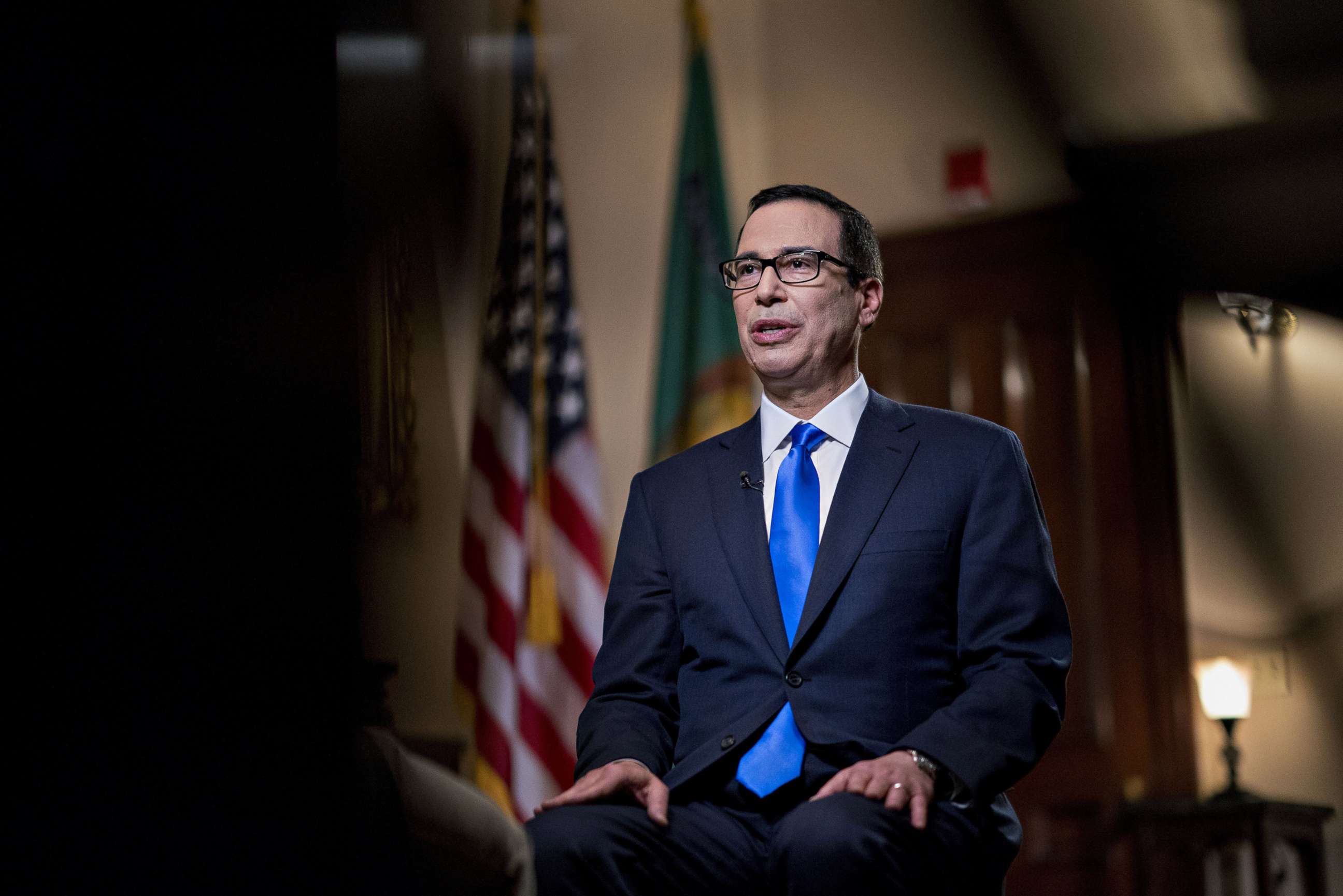PHOTO: Steven Mnuchin, Treasury secretary, speaks during a Bloomberg Television interview in Washington, D.C., March 7, 2018.