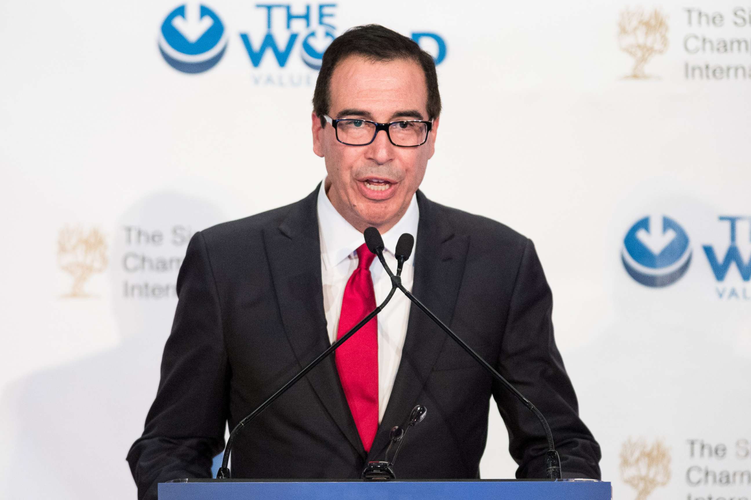 PHOTO: Steven Mnuchin, Secretary of the Treasury, speaking at the Champions of Jewish Values International Awards Gala in New York City, March 8, 2018.