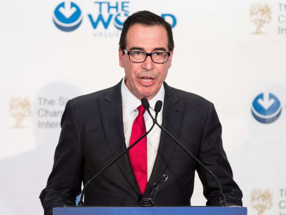 PHOTO: Steven Mnuchin, Secretary of the Treasury, speaking at the Champions of Jewish Values International Awards Gala in New York City, March 8, 2018.