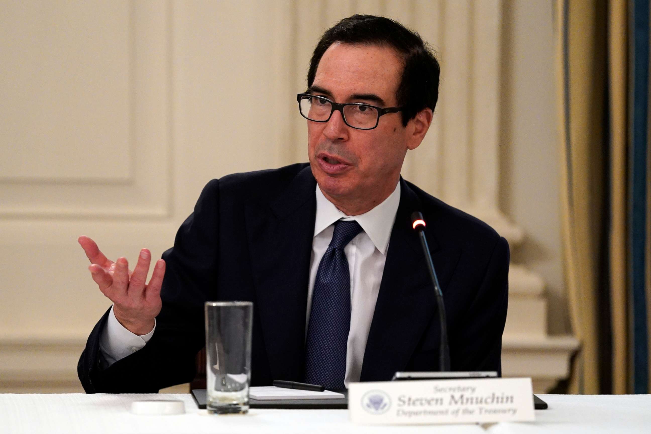 PHOTO: Treasury Secretary Steven Mnuchin speaks during a meeting with restaurant industry executives about the coronavirus response, in the State Dining Room of the White House, May 18, 2020, in Washington.