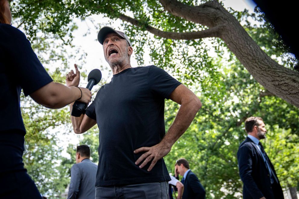PHOTO: Jon Stewart speaks to the press before a news conference about the Honoring Our Promise to Address Comprehensive Toxics (PACT) Act on Capitol Hill, July 28, 2022, in Washington, D.C.