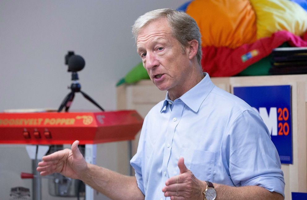 PHOTO: Democratic candidate for United States President Businessman Tom Steyer, addresses a group of voters at the Weare Town Library in Weare, New Hampshire, July 31, 2019.