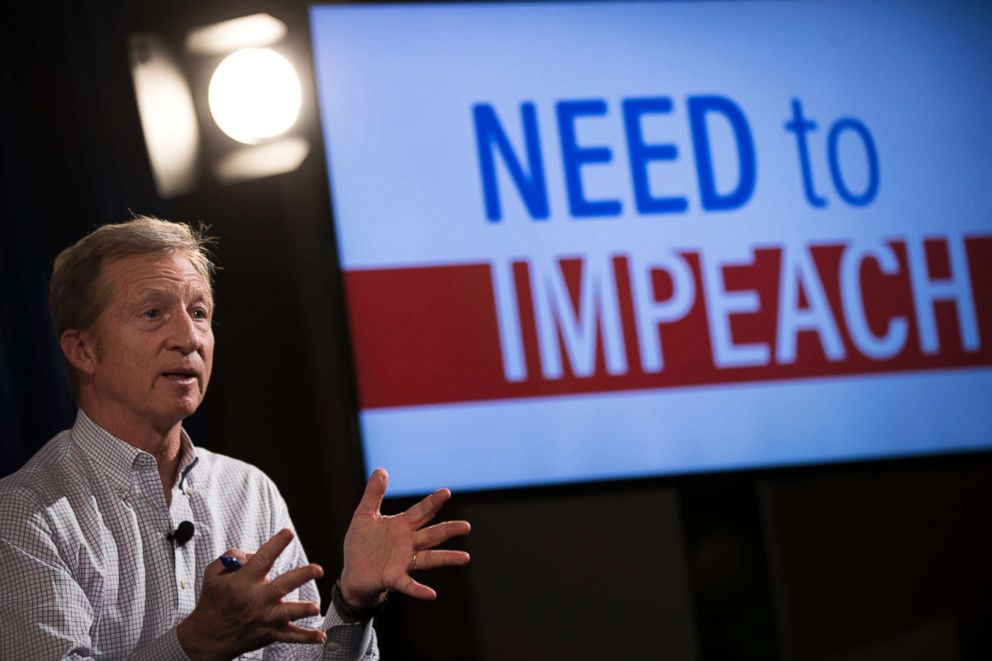 PHOTO: Hedge fund billionaire and Democratic fund-raiser Tom Steyer speaks during a town hall event, Jan. 29, 2018, in New York. 