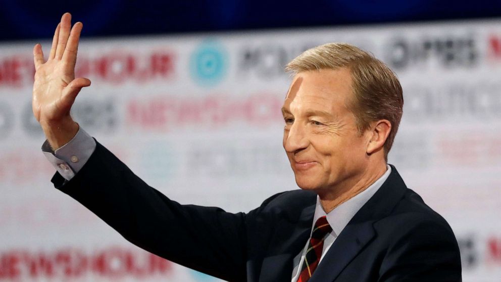 PHOTO: In this Dec. 19, 2019, file photo, Democratic presidential candidate businessman Tom Steyer waves before a Democratic presidential primary debate in Los Angeles, Calif.