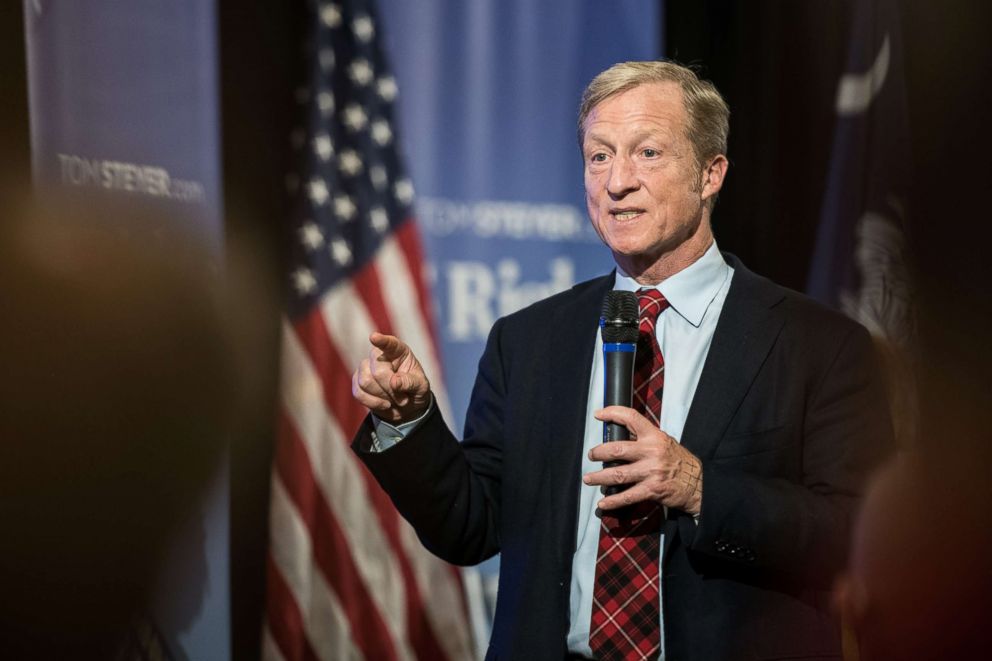 PHOTO: Billionaire Tom Steyer hosts a town hall meeting, Dec. 4, 2018, in Charleston, S.C. Steyer, founder of NextGen America and Need to Impeach, is testing the waters for a 2020 presidential run. 