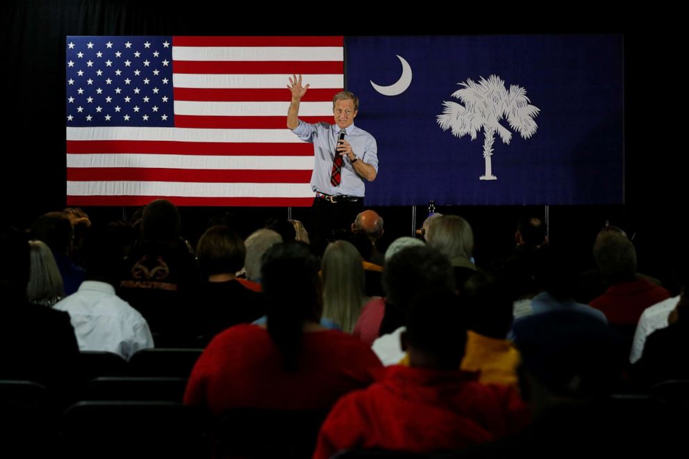 PHOTO: Democratic presidential candidate Tom Steyer speaks during a campaign event in Hampton, S.C., Feb. 23, 2020. 