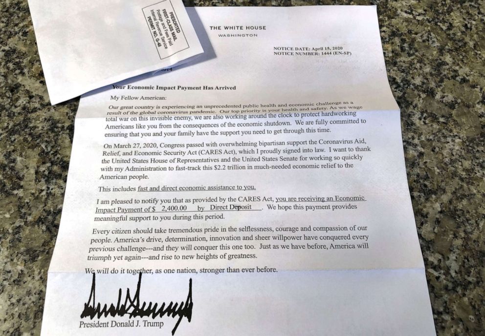 PHOTO: A letter from the Internal Revenue Service, signed by President Trump, notifies a family via U.S. Mail of an economic impact payment direct deposit made to their account in East Derry, N.H., April 27, 2020.