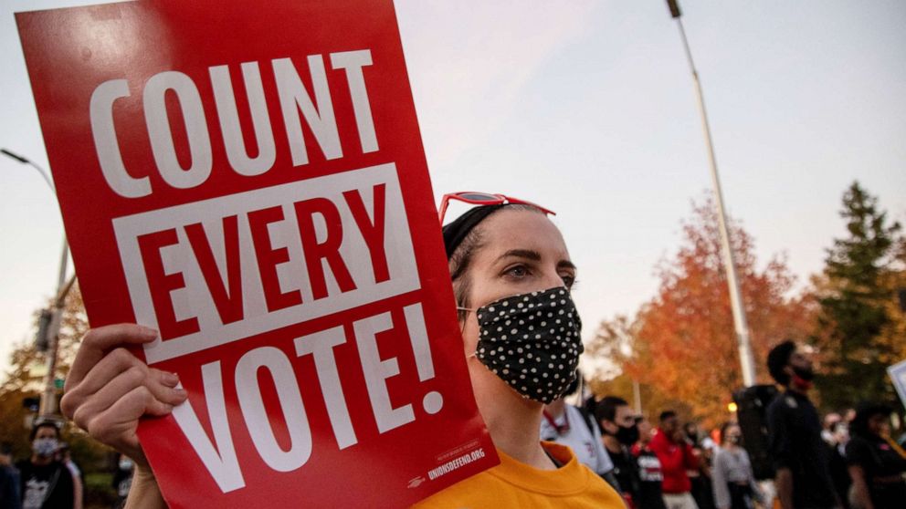 PHOTO: Activists from local organizations marched through the city to call for the protection of votes over concerns of a stolen election in Detroit, Nov. 7, 2020.