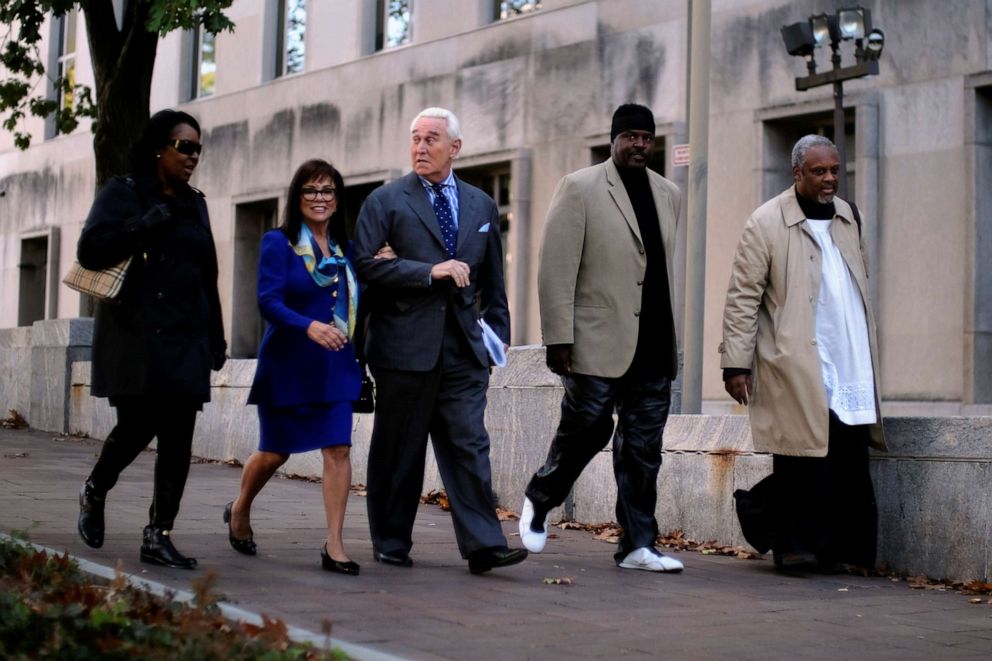 PHOTO: Roger Stone, former campaign adviser to U.S. President Donald Trump, and his wife Nydia Stone arrive for the continuation of his criminal trial on charges of lying to Congress, obstructing justice and witness tampering.