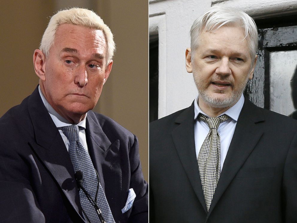 PHOTO: Roger Stone speaks at the Pasadena Convention Center on July 30, 2017 in Pasadena, Calif. WikiLeaks founder Julian Assange speaks from the balcony of the Ecuadorean Embassy in London, Feb. 5, 2016.