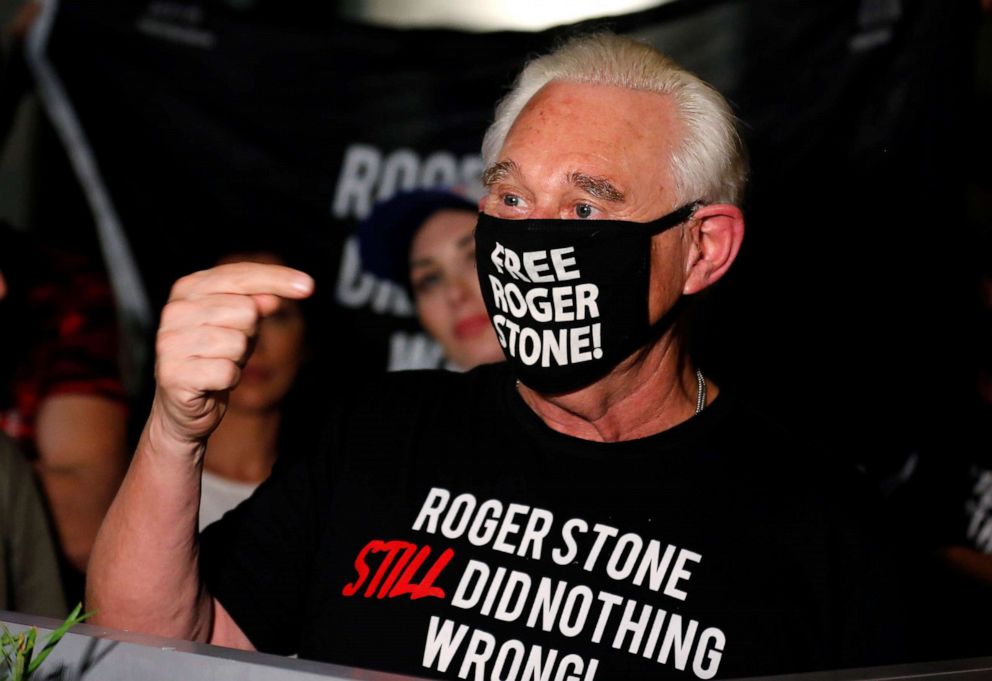 PHOTO: Roger Stone, a longtime friend and adviser of President Donald Trump, reacts after Trump commuted his federal prison sentence outside his home in Fort Lauderdale, Fla., July 10, 2020.