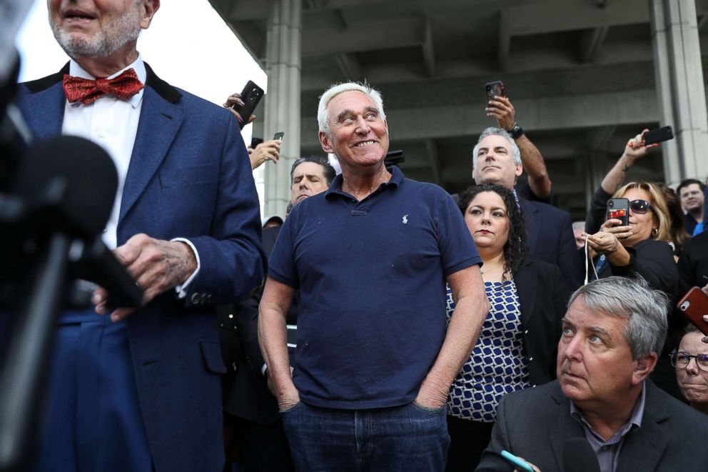 PHOTO: Roger Stone, a former advisor to President Donald Trump, waits to speak to the media after exiting the Federal Courthouse, Jan. 25, 2019 in Fort Lauderdale, Fla.