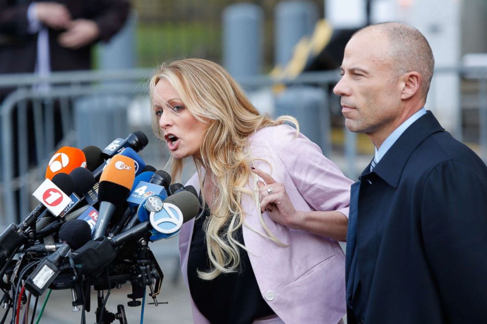 PHOTO: Adult-film actress Stephanie Clifford, also known as Stormy Daniels, speaks outside U.S. Federal Court with her lawyer Michael Avenatti in New York, April 16, 2018.