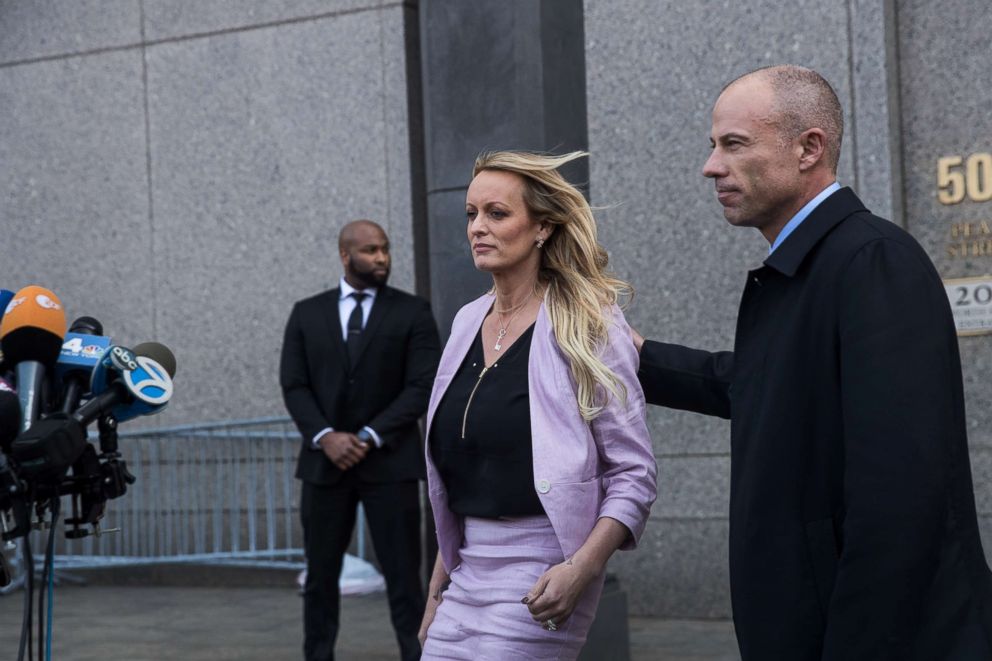 PHOTO: Stormy Daniels (Stephanie Clifford) and Michael Avenatti, attorney for Stormy Daniels, exit the courthouse on April 16, 2018 in New York City. 