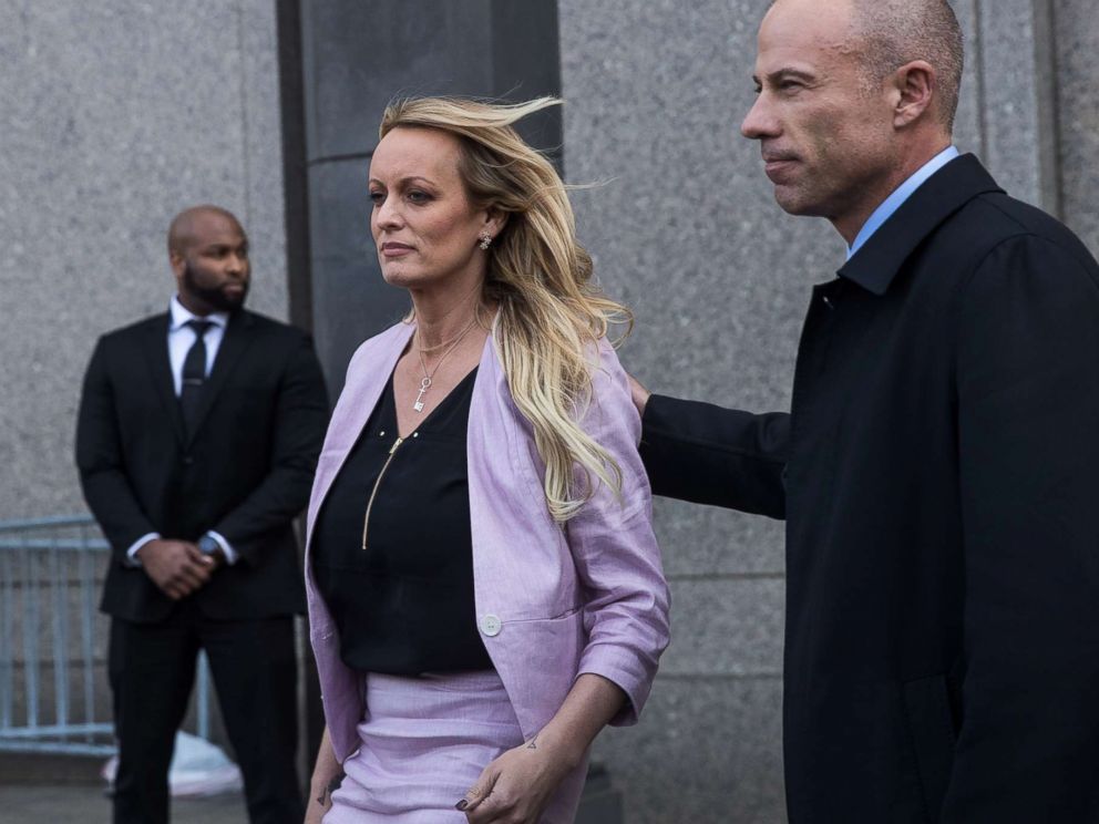 PHOTO: Stormy Daniels (Stephanie Clifford) and Michael Avenatti, attorney for Stormy Daniels, exit the courthouse, April 16, 2018 in New York City.