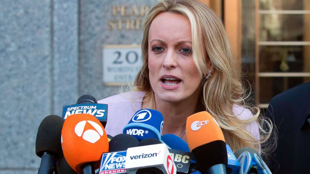 PHOTO: Adult film actress Stormy Daniels speaks outside federal court in New York, April 16, 2018.