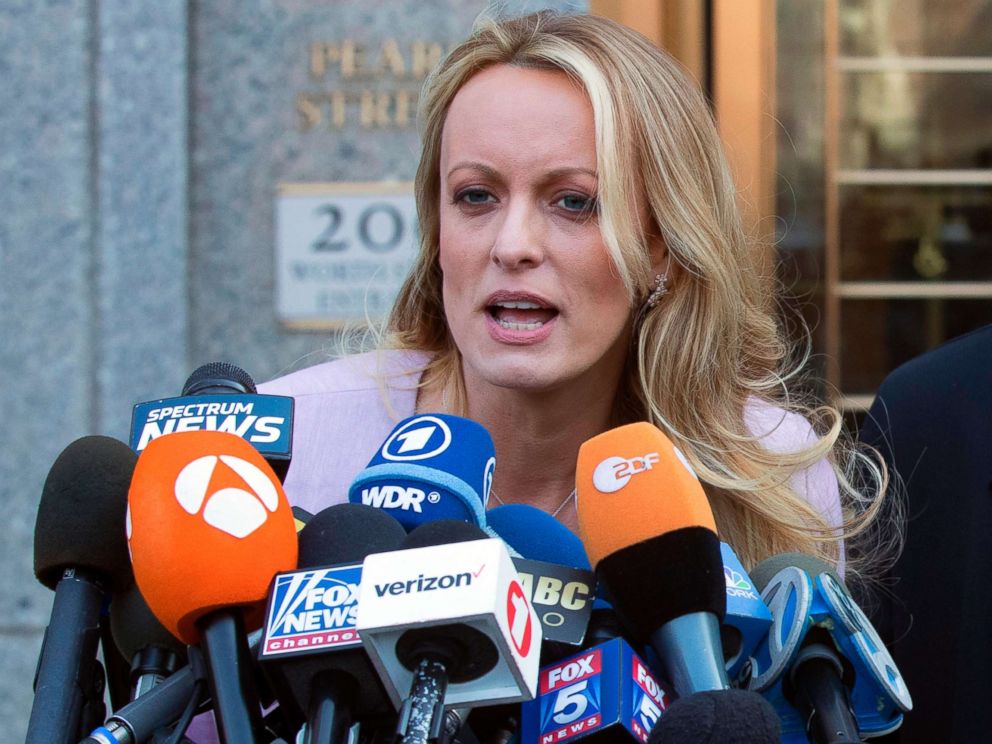 PHOTO: Adult film actress Stormy Daniels speaks outside federal court in New York, April 16, 2018.