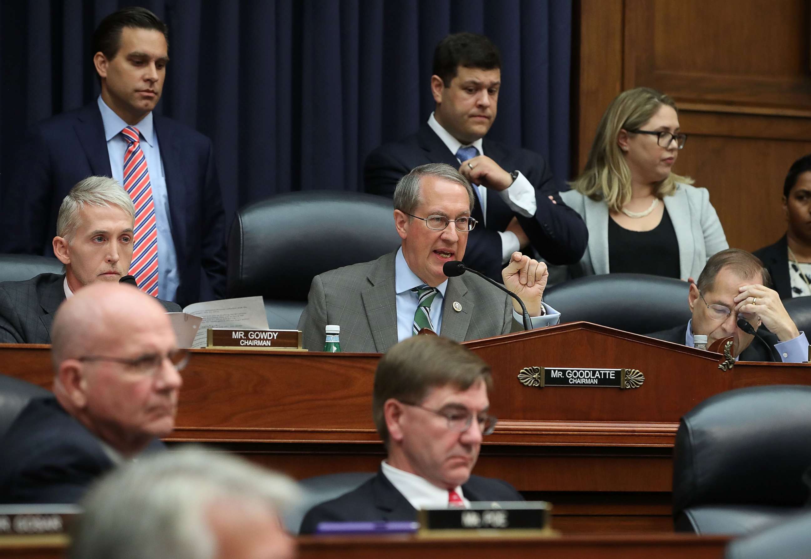 PHOTO: Chairman Bob Goodlatte questions Deputy Assistant FBI Director Peter Strzok speaks during a joint hearing of the House Judiciary and Oversight and Government Reform committees on Capitol Hill, July 12, 2018, in Washington.