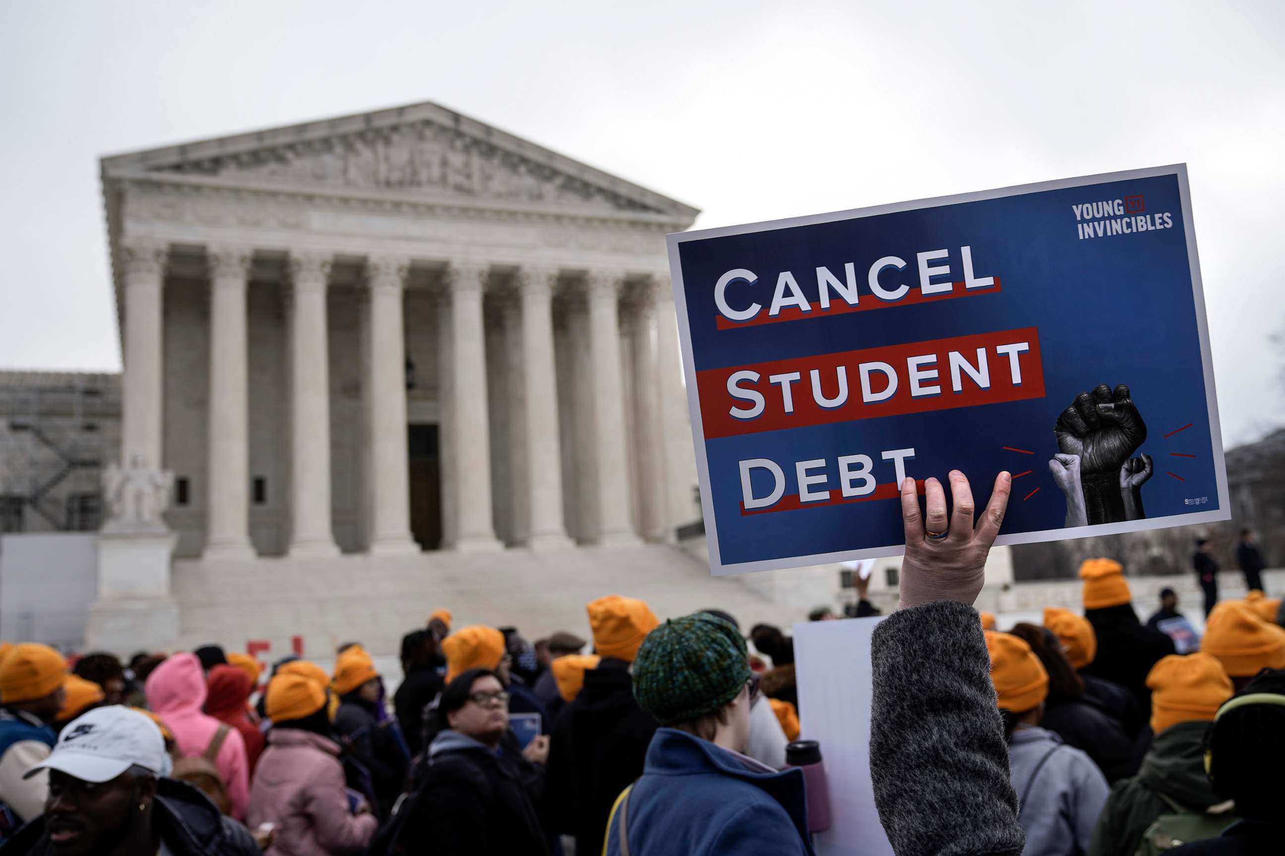 PHOTO: In this Feb. 28, 2023, file photo, people rally in support of the Biden administration's student debt relief plan in front of the the Supreme Court, in Washington, D.C.