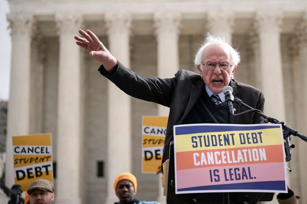 PHOTO: Sen. Bernie Sanders speaks during a rally in support of the Biden administration's student debt relief plan in front of the Supreme Court, Feb. 28, 2023.