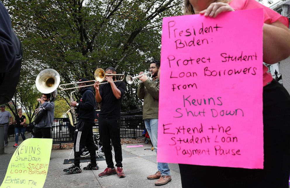 PHOTO: Members of the Too Much Talent Band participate in a demonstration with We The 45 Million activist group outside the White House complex, Sept. 29, 2023.