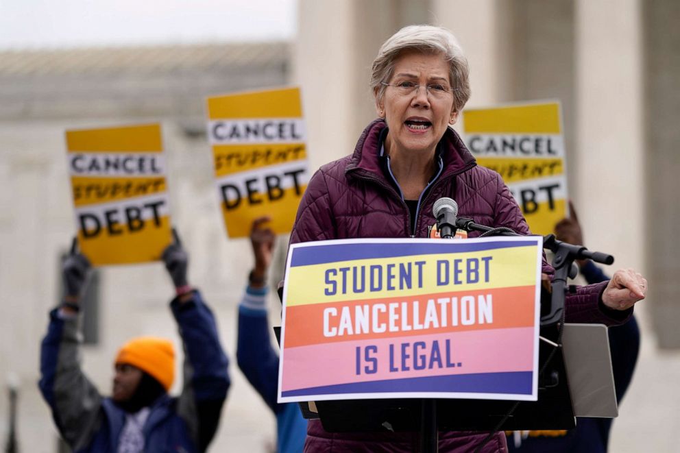 PHOTO: Senator Elizabeth Warren speaks at a rally for student debt relief as advocates gather outside the Supreme Court, February 28, 2023.
