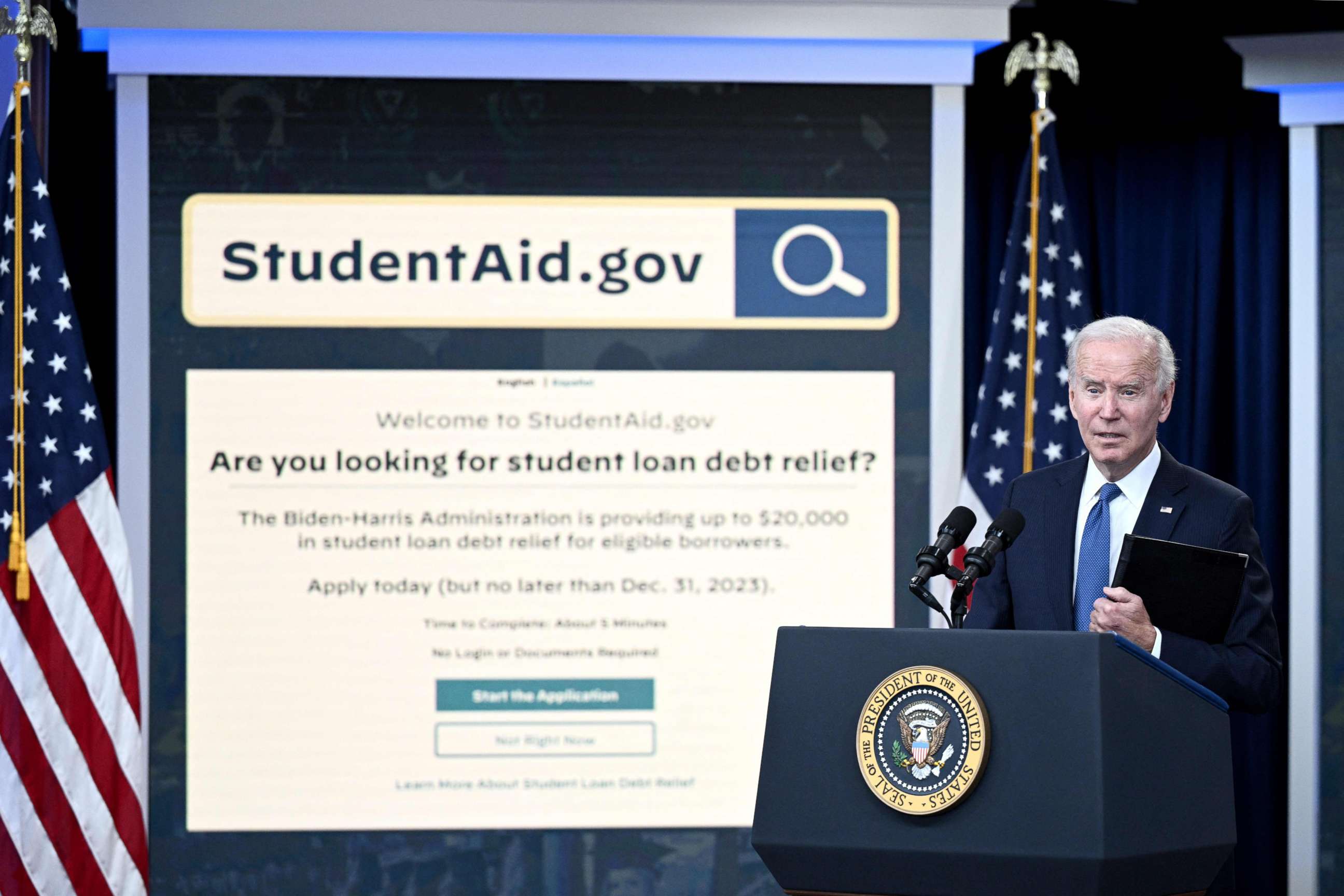PHOTO: President Joe Biden delivers remarks on the student debt relief portal beta test, in the South Court Auditorium of the Eisenhower Executive Office Building in Washington, DC, on October 17, 2022.
