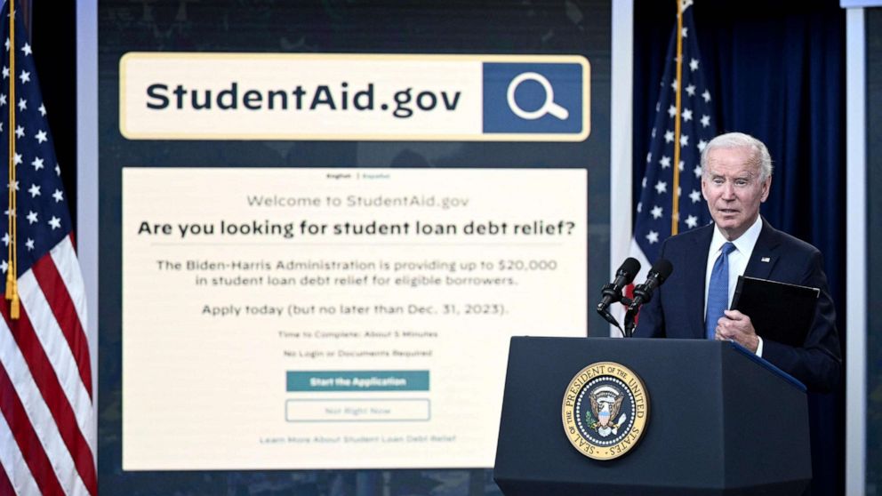 PHOTO: President Joe Biden delivers remarks on the student debt relief portal beta test, in the South Court Auditorium of the Eisenhower Executive Office Building in Washington, DC, on October 17, 2022.