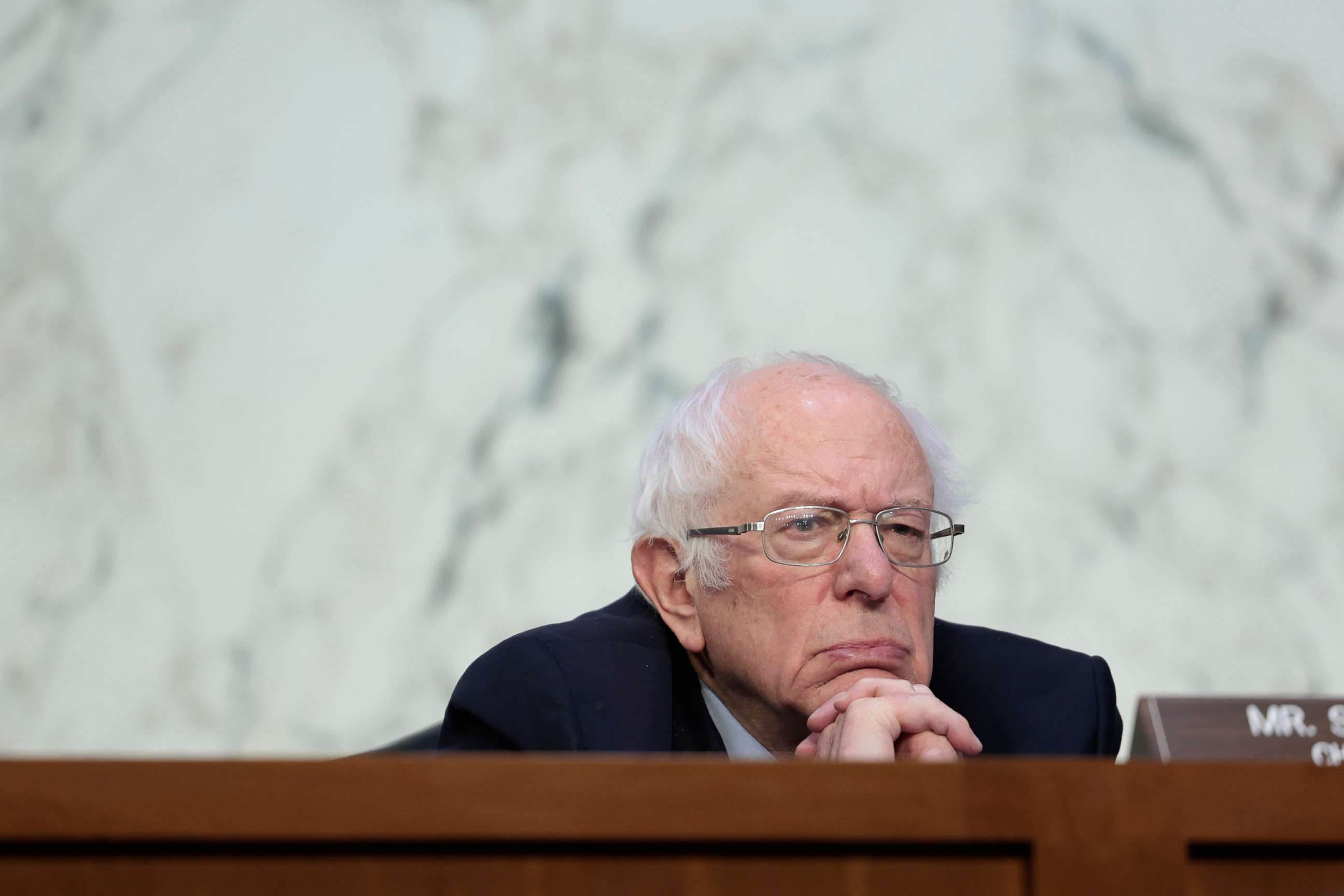 PHOTO: Sen. Bernie Sanders listens during a committee hearing in the Hart Senate Office building in Washington, Feb. 17, 2022. 