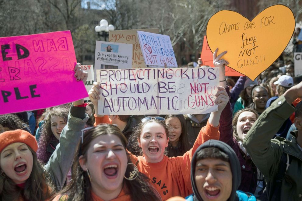 PHOTO: Student activists rally against gun violence at Washington Square Park, near the campus of New York University, April 20, 2018, in New York City.
