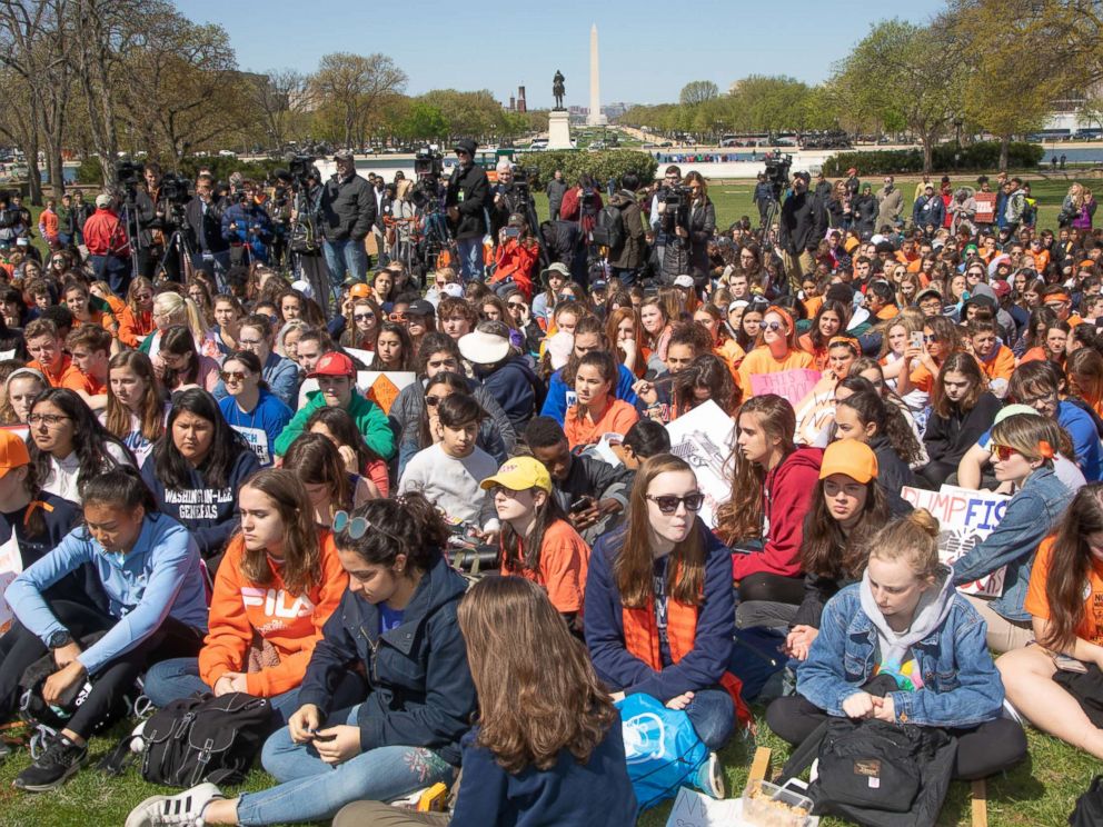 PHOTO: At schools across the country, students walked out of class on Friday, April 20, 2018, the 19th anniversary of the shooting at Columbine High School in Colo.