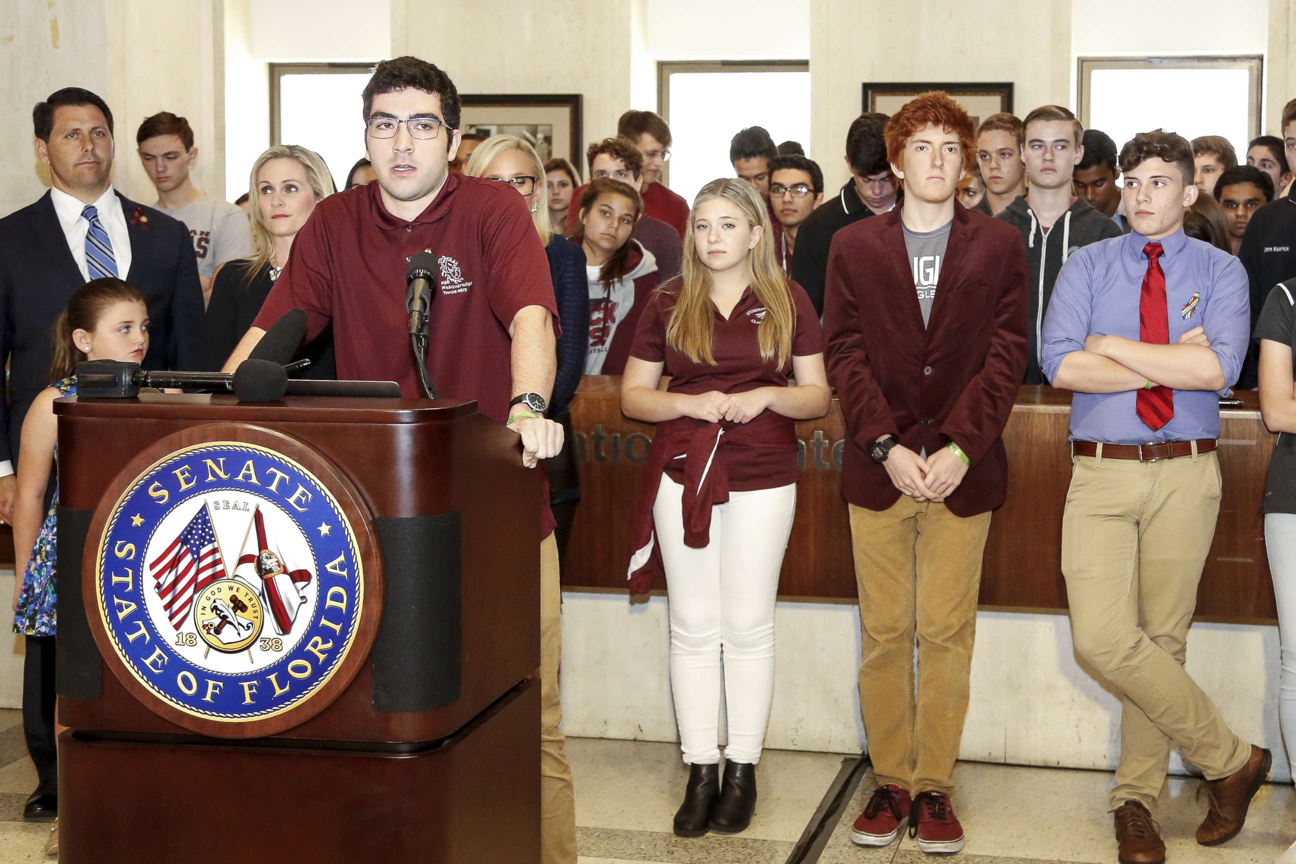 PHOTO: Lorenzo Prado, a student from Marjory Stoneman Douglas High School, speaks at the Florida State Capitol building, Feb. 21, 2018, in Tallahassee, Fla. 