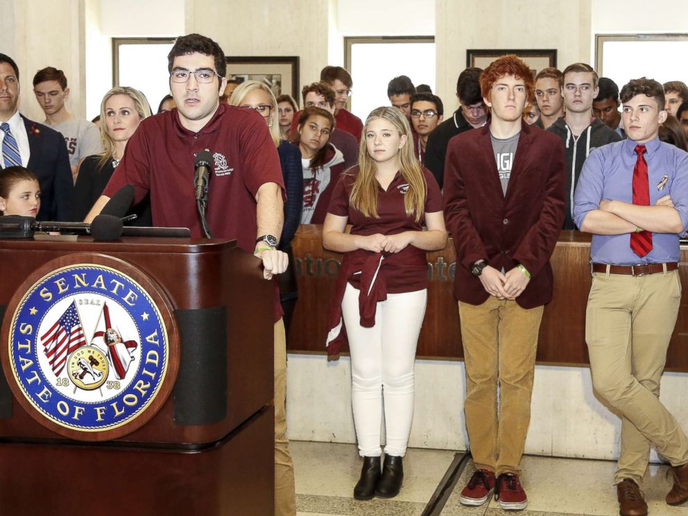 PHOTO: Lorenzo Prado, a student from Marjory Stoneman Douglas High School, speaks at the Florida State Capitol building, Feb. 21, 2018, in Tallahassee, Fla.