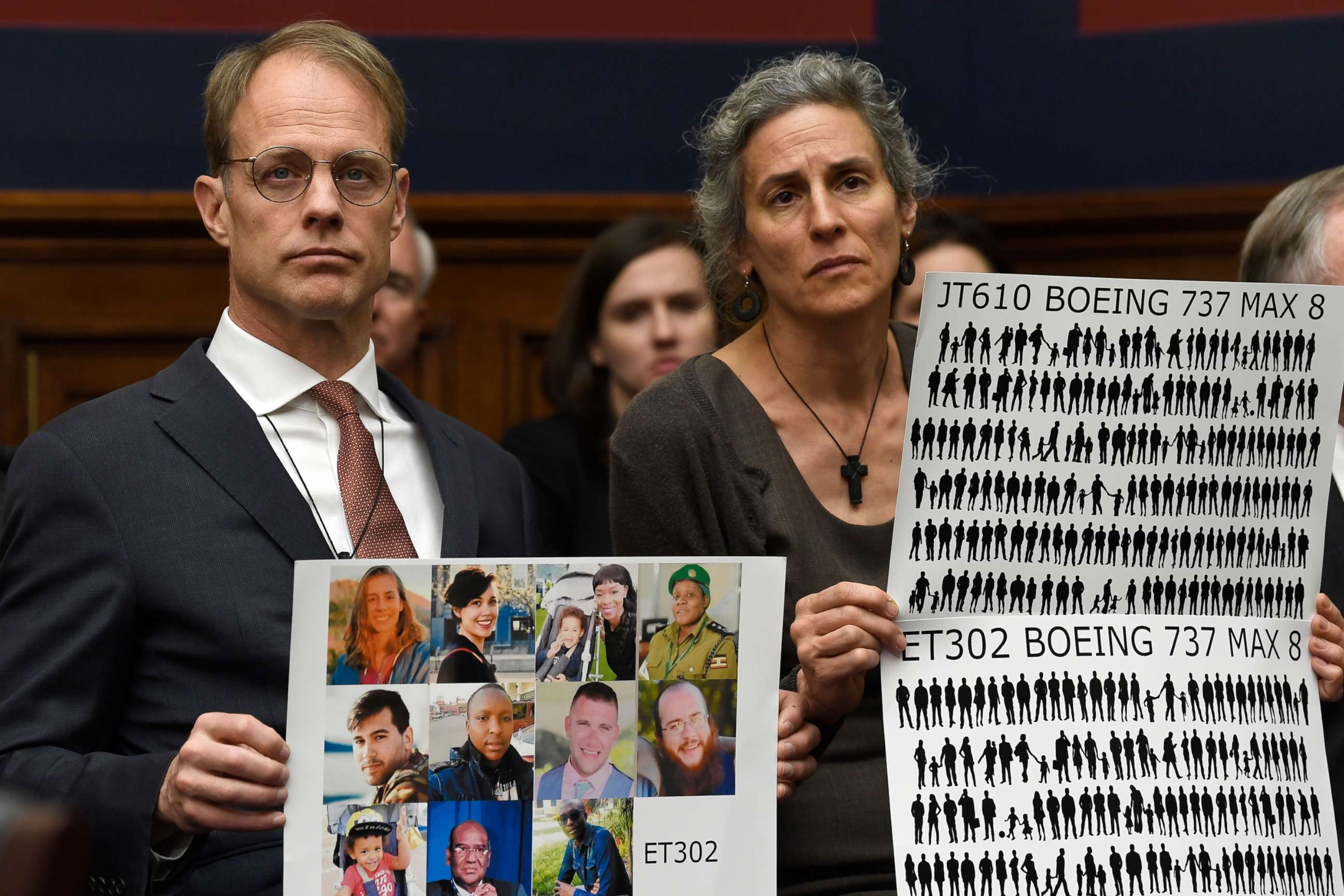 PHOTO: Michael Stumo and Nadia Milleron, right, parents of Samya Stumo, who died in the Ethiopian plane crash, listen during a House Transportation Committee hearing on Capitol Hill in Washington, D.C., May 15, 2019.