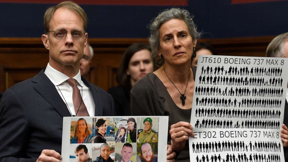 PHOTO: Michael Stumo and Nadia Milleron, right, parents of Samya Stumo, who died in the Ethiopian plane crash, listen during a House Transportation Committee hearing on Capitol Hill in Washington, D.C., May 15, 2019.