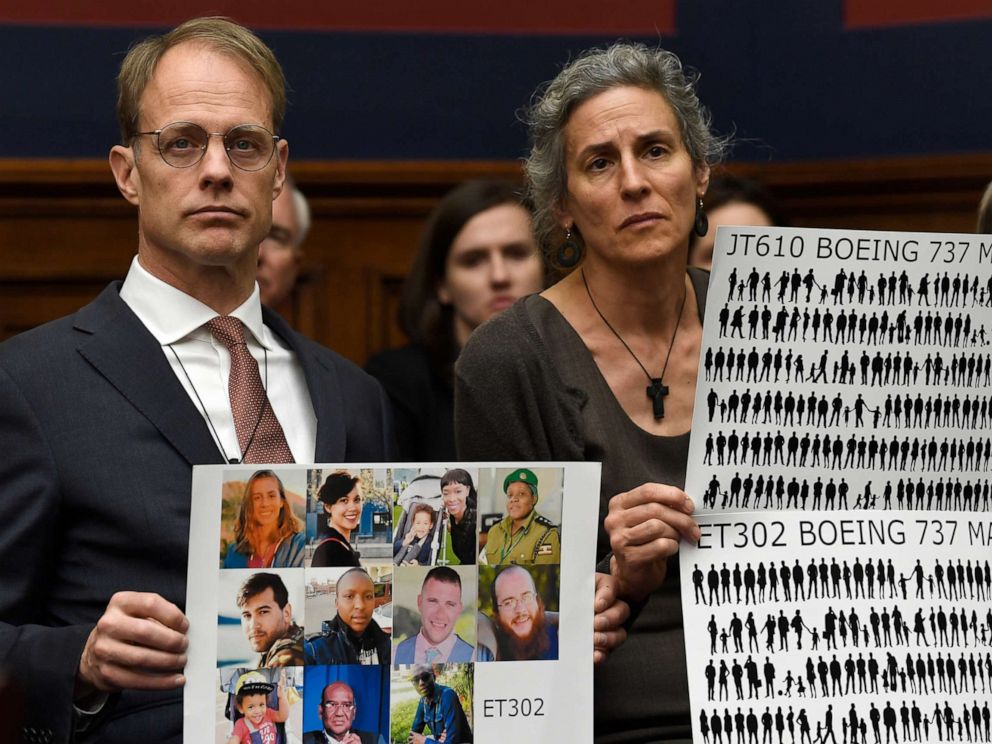 PHOTO: Michael Stumo and Nadia Milleron, right, parents of Samya Stumo, who died in the Ethiopian plane crash, listen during a House Transportation Committee hearing on Capitol Hill in Washington, D.C., May 15, 2019.