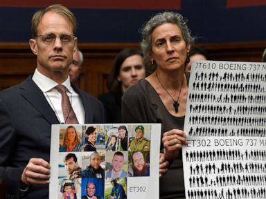PHOTO: Michael Stumo and Nadia Milleron, right, parents of Samya Stumo, who died in the Ethiopian plane crash, listen during a House Transportation Committee hearing on Capitol Hill in Washington, D.C., May 15, 2019.